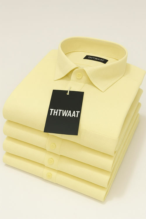 Thtwaat Men’s Solid Yellow Premium Cotton Casual Shirt | Mandarin Collar,