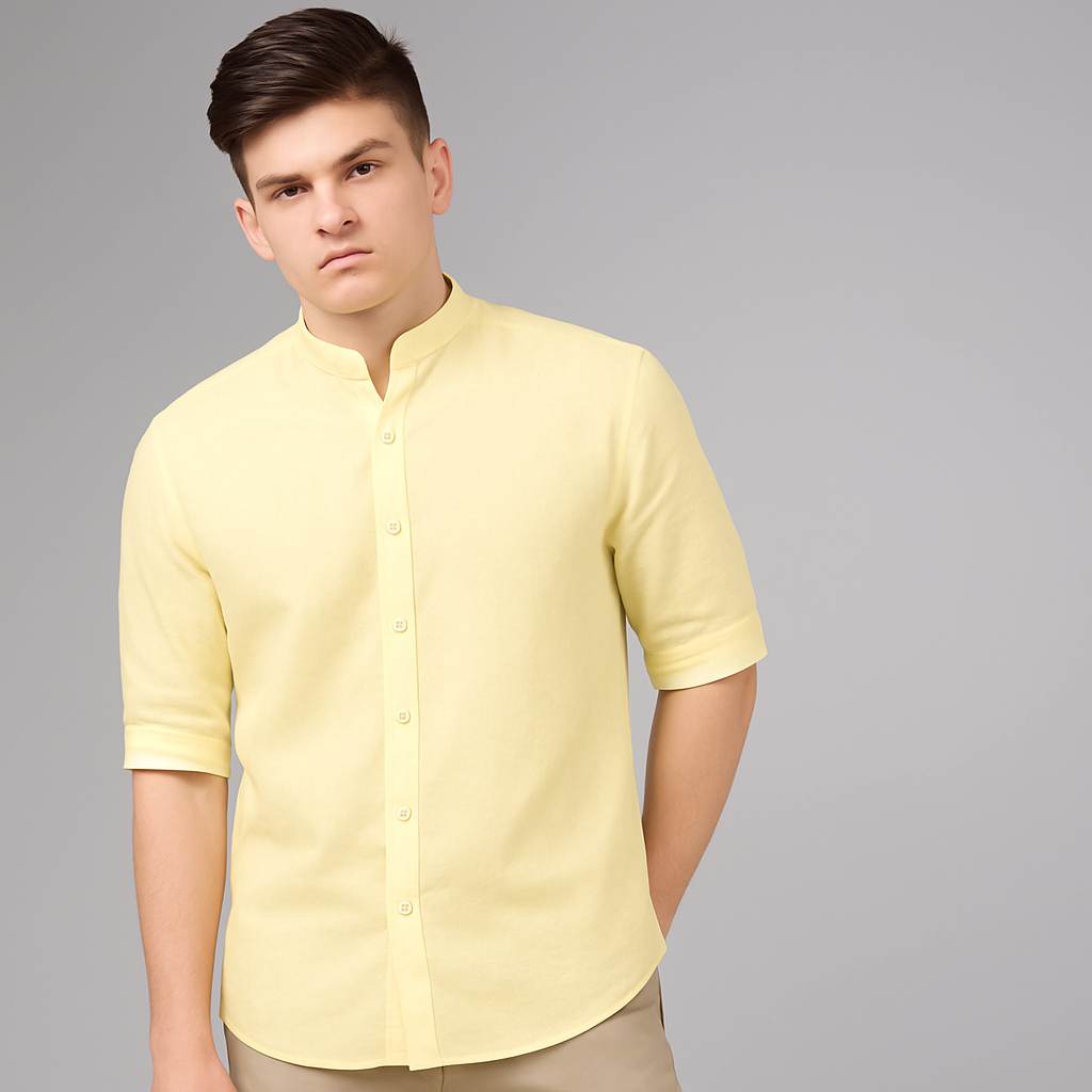 Thtwaat Men’s Solid Yellow Premium Cotton Casual Shirt | Mandarin Collar,