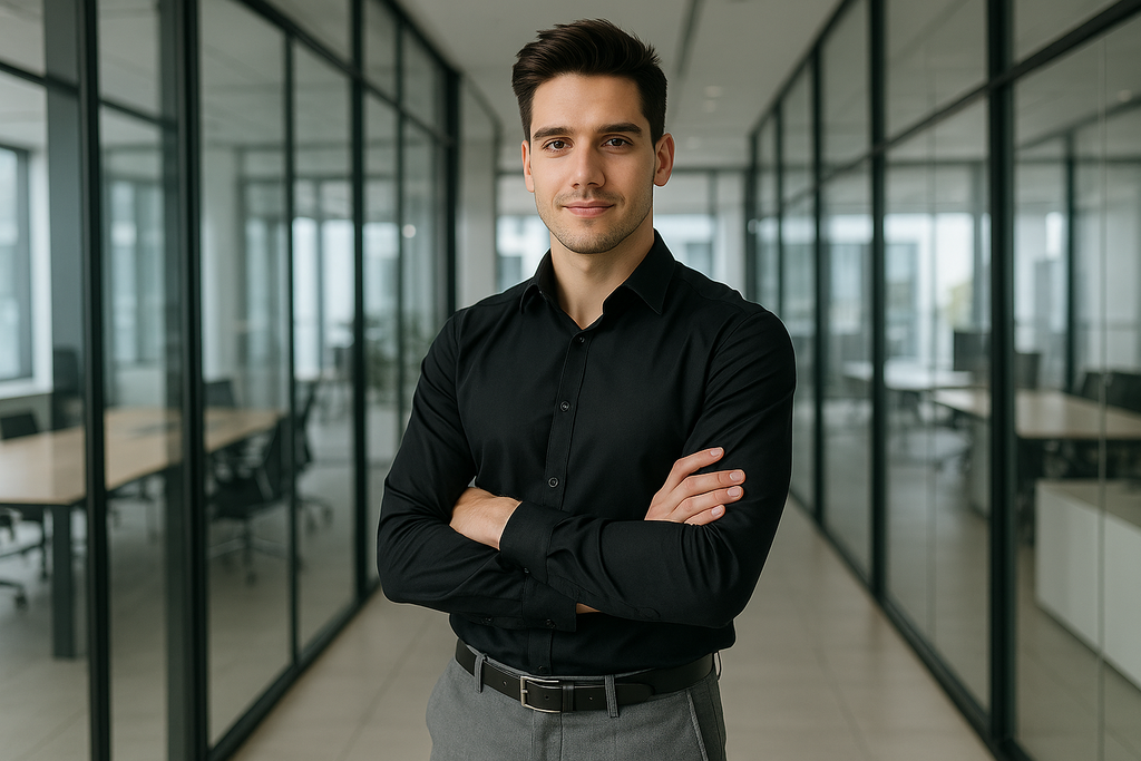 A confident young businessman wearing a black formal shirt with grey trousers, standing in a modern office with glass walls, natural light, elegant corporate atmosphere, high-resolution fashion photo.
