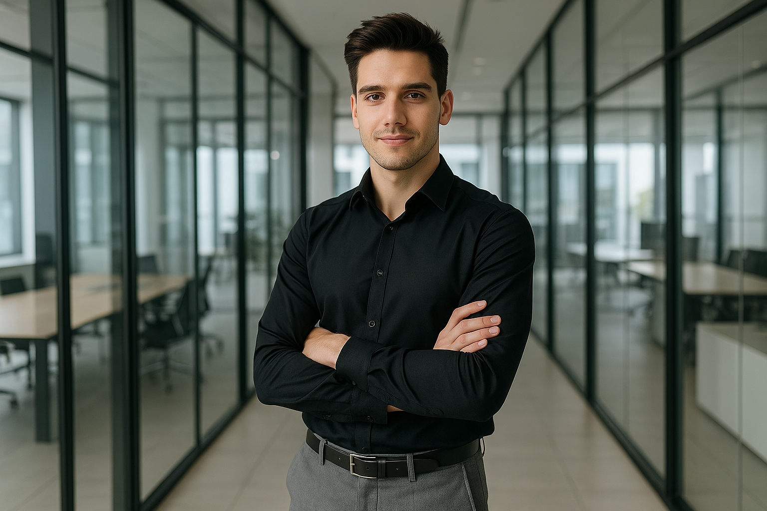 A confident young businessman wearing a black formal shirt with grey trousers, standing in a modern office with glass walls, natural light, elegant corporate atmosphere, high-resolution fashion photo.
