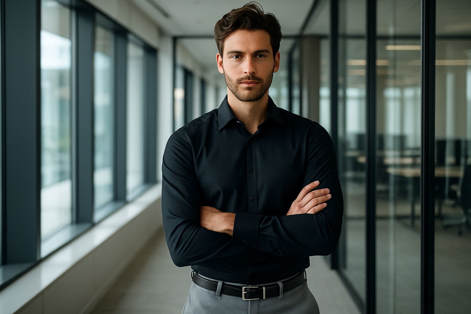 A confident young businessman wearing a black formal shirt with grey trousers, standing in a modern office with glass walls, natural light, elegant corporate atmosphere, high-resolution fashion photo.
