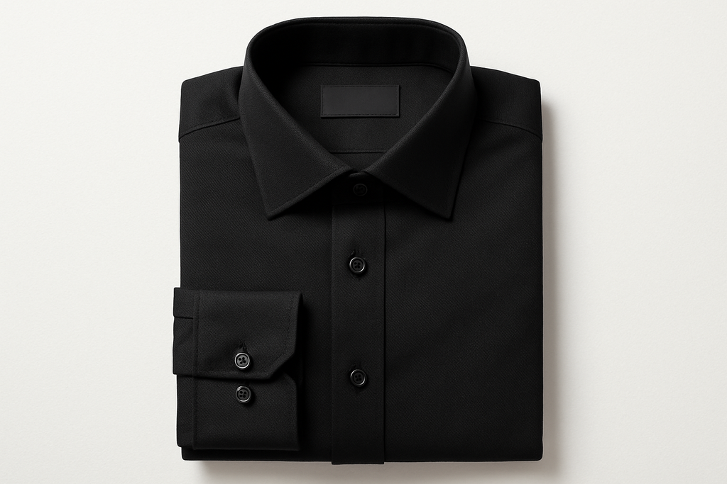 A neatly folded black formal shirt on a white background, top view, clean e-commerce product photo, realistic fabric texture, premium fashion catalog photography.
