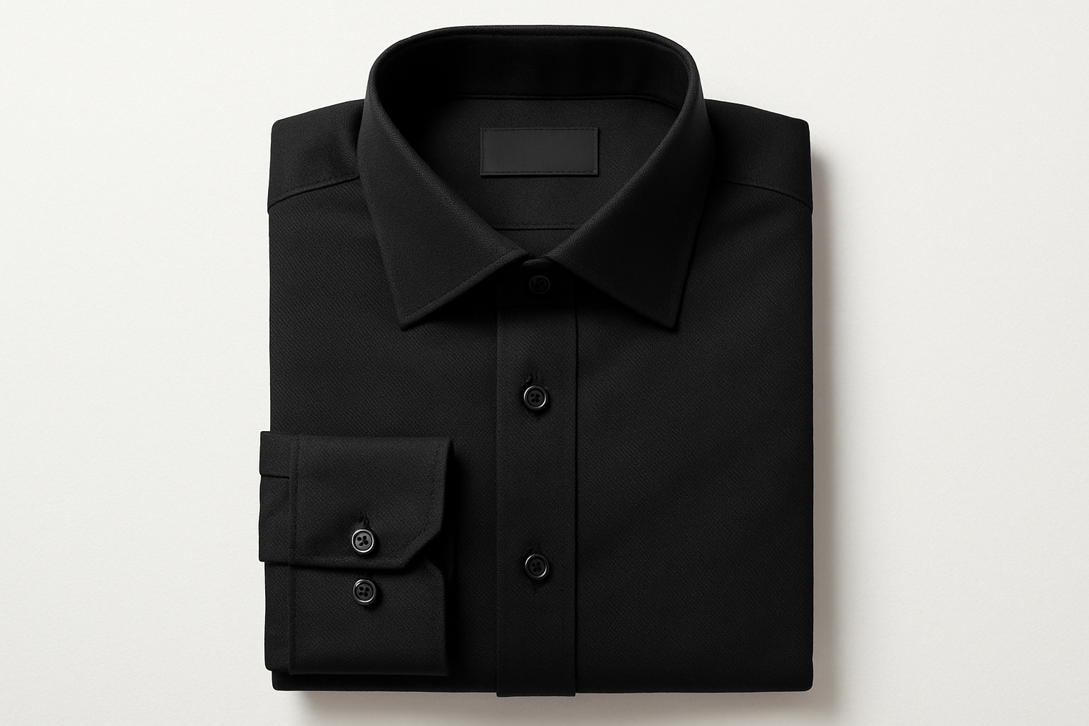 A neatly folded black formal shirt on a white background, top view, clean e-commerce product photo, realistic fabric texture, premium fashion catalog photography.
