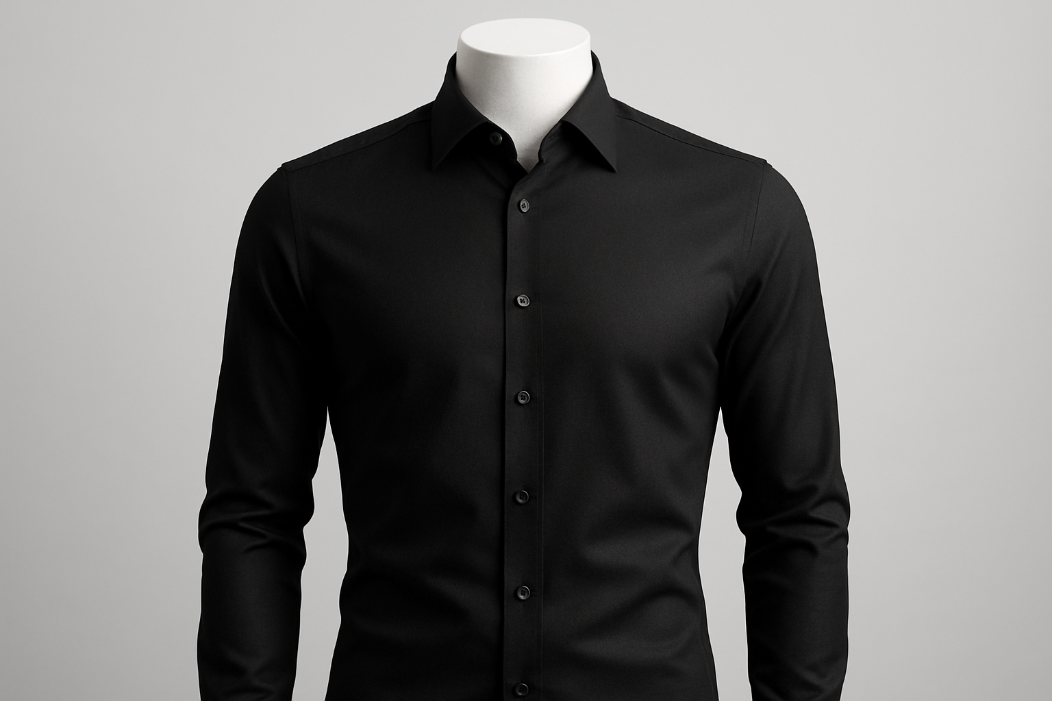 A professional studio photo of a black formal slim-fit men’s shirt on a mannequin, plain light grey background, high fashion catalog photography, sharp details, premium fabric texture.
