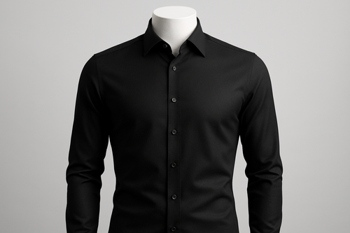 A professional studio photo of a black formal slim-fit men’s shirt on a mannequin, plain light grey background, high fashion catalog photography, sharp details, premium fabric texture.
